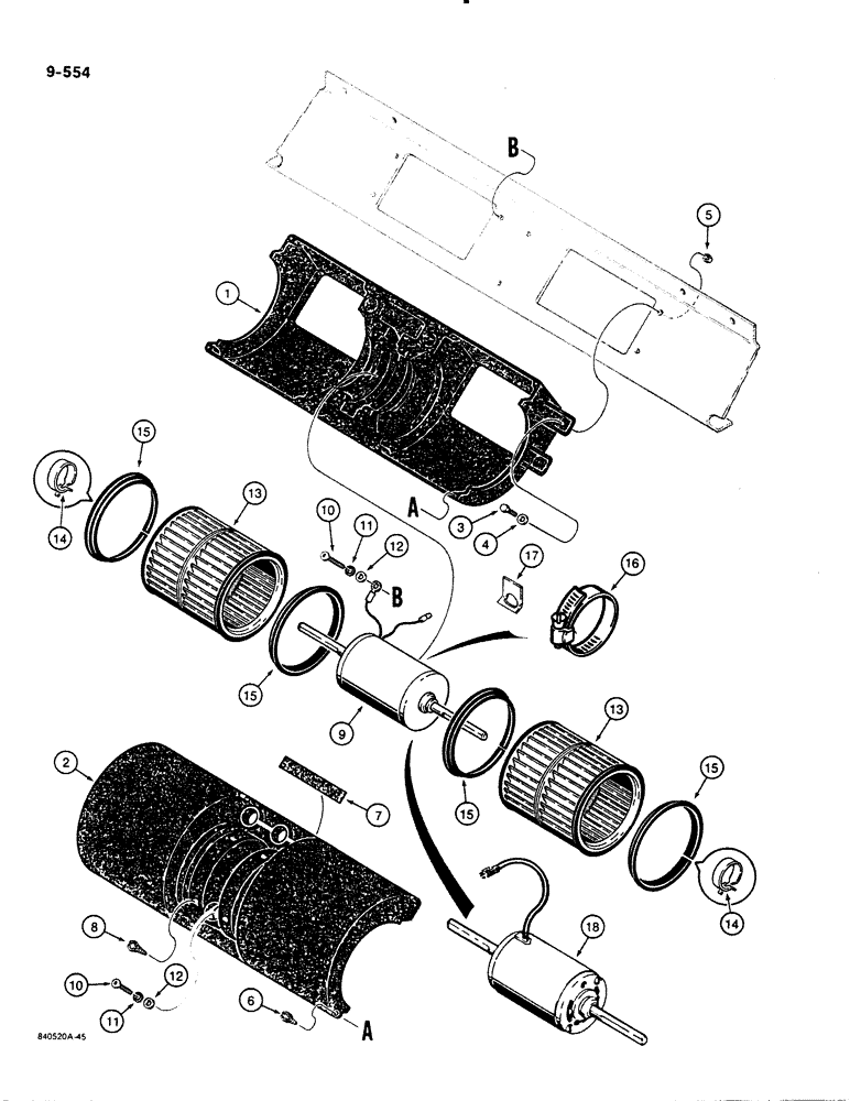 Схема запчастей Case 1455B - (9-553) - PRESSURIZED CAB, AIR CONDITIONING CONDENSER BLOWER, ABOVE CAB ROOF (09) - CHASSIS/ATTACHMENTS