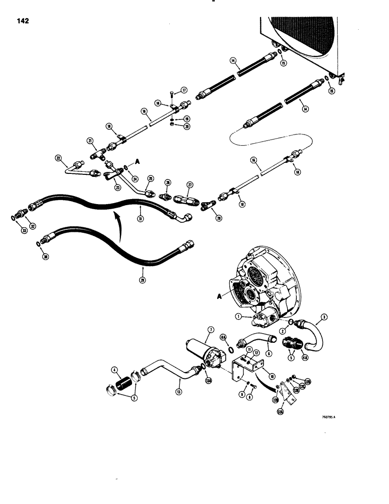 Схема запчастей Case 1150C - (142) - CRAWLER HYDRAULIC CIRCUIT, TRANSMISSION TO TORQUE CONVERTER PUMP SUCTION LINE, COOLING CIRCUIT (06) - POWER TRAIN