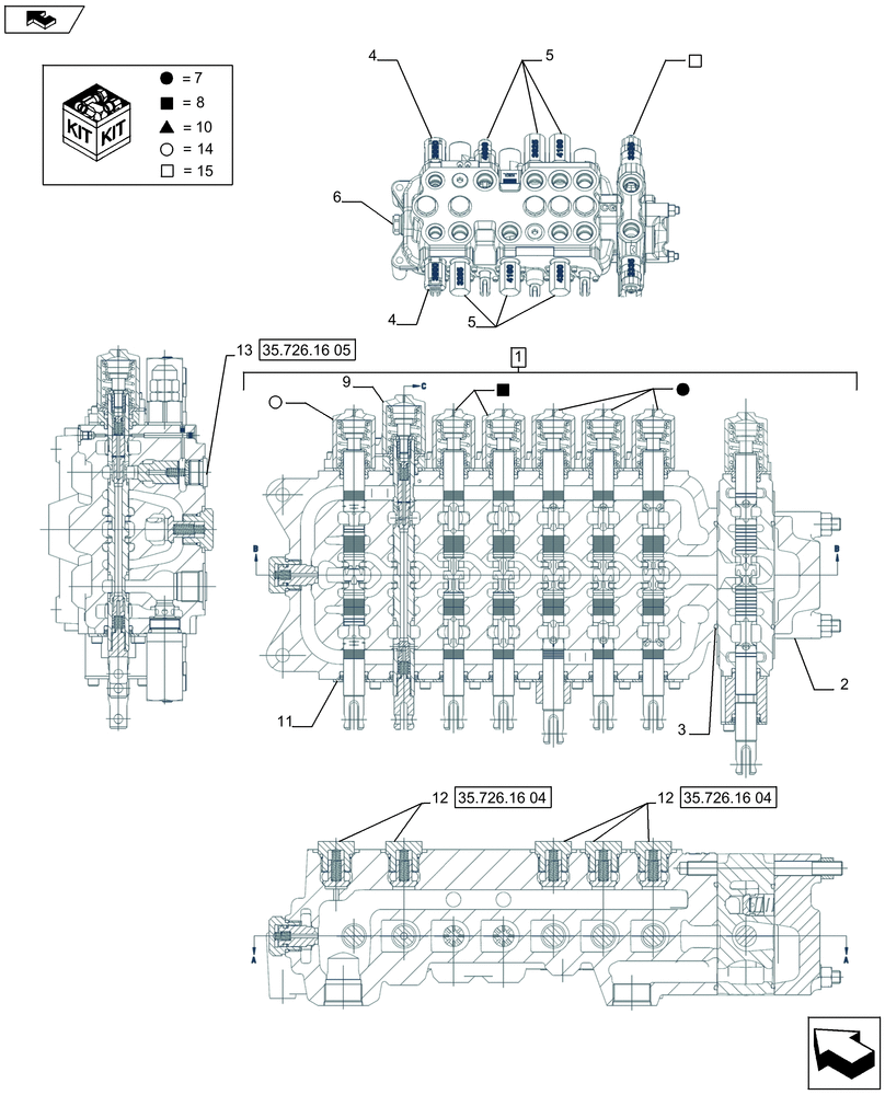 Схема запчастей Case 580SN WT - (35.726.1609[01]) - BACKHOE CONTROL VALVE, 8-SPOOL, COMPONENTS, W/ EXTENDABLE DIPPER, W/ 2 LEVER CONTROLS, W/ DOUBLE AUXILIAY HYDRAULICS - C7373 (35) - HYDRAULIC SYSTEMS