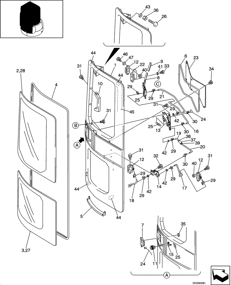 Схема запчастей Case CX25 - (09-18[00]) - CAB DOOR (09) - CHASSIS/ATTACHMENTS