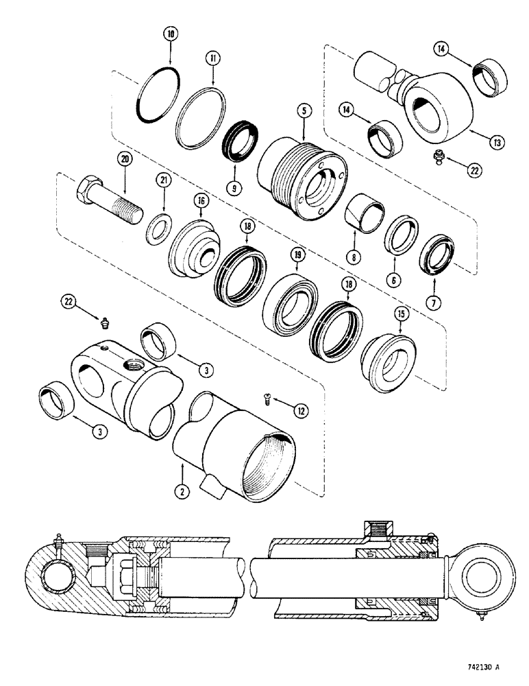 Схема запчастей Case 350 - (254) - G33798 AND G33799 BUCKET CLAM CYLINDERS, WITH SPLIT PISTON W/ GLAND CENTER BEARING (07) - HYDRAULIC SYSTEM