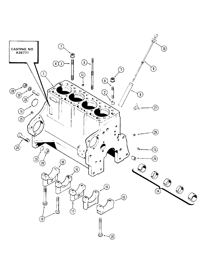 Схема запчастей Case 310G - (028) - CYLINDER BLOCK ASSEMBLY, (188) DIESEL ENGINE, CASTING NO. A36771 (01) - ENGINE