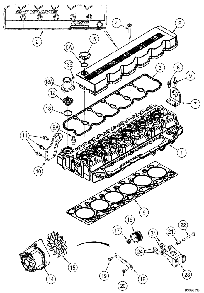 Схема запчастей Case CX210 - (02-14) - CYLINDER HEAD - MOUNTING, ALTERNATOR (02) - ENGINE