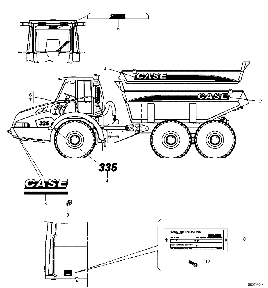 Схема запчастей Case 335 - (98A00000805[001]) - ACCESSORIES - DECALS AND PLATE (U.S.A.) (87368224) (90) - PLATFORM, CAB, BODYWORK AND DECALS