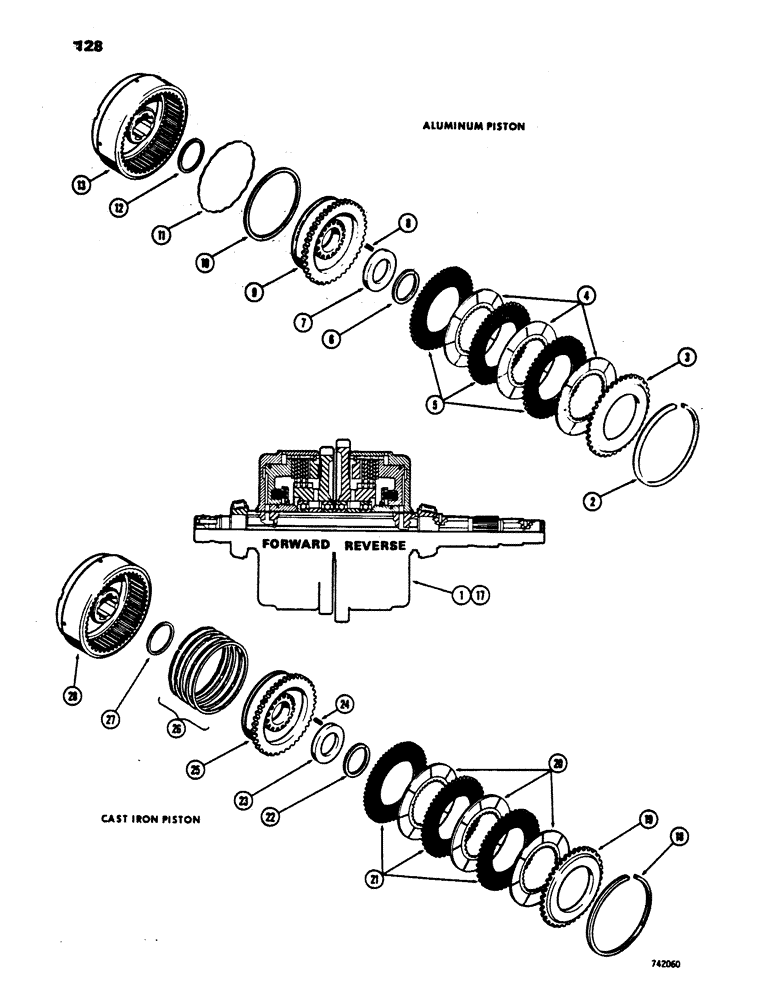 Схема запчастей Case 450 - (128) - TRANSMISSION FORWARD AND REVERSE CLUTCHS, ALUMINUM PISTON STYLE (03) - TRANSMISSION