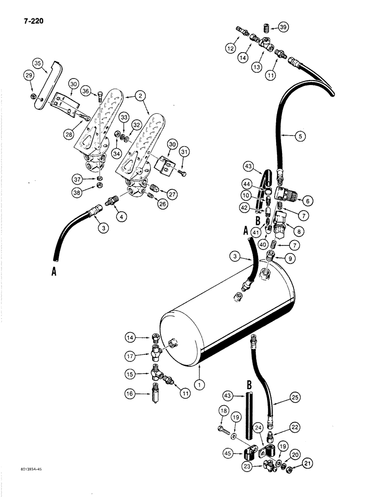 Схема запчастей Case 780C - (7-220) - BRAKE SYSTEM, RESERVOIR TO PRESSURE VALVES AND TREADLES (07) - BRAKES