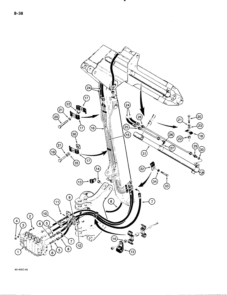 Схема запчастей Case 480E - (8-038) - BACKHOE EXTENDABLE DIPPER HYDRAULIC CIRCUIT, 480E MODELS ONLY (08) - HYDRAULICS