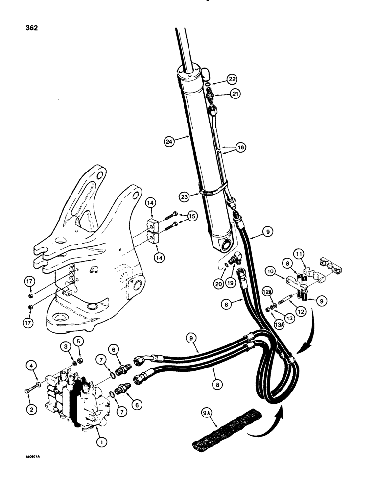 Схема запчастей Case 580E - (362) - BACKHOE DIPPER CYLINDER HYDRAULIC CIRCUIT, MODELS WITH TWO BOOM MOUNTING PINS AT SWING TOWER (08) - HYDRAULICS