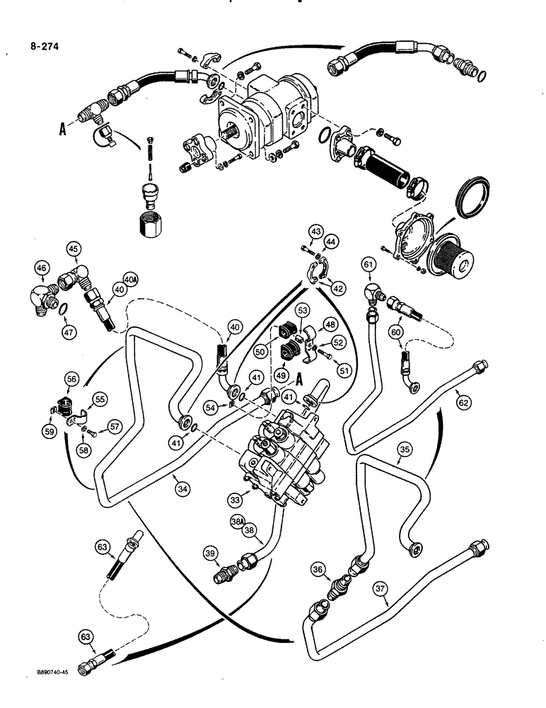 Схема запчастей Case 580K - (08-274) - EQUIPMENT HYD. SYSTEM RESERVOIR TO LOADER CONTROL VALVE & LOADER VALVE TO FILTER & BACKHOE LINE (08) - HYDRAULICS