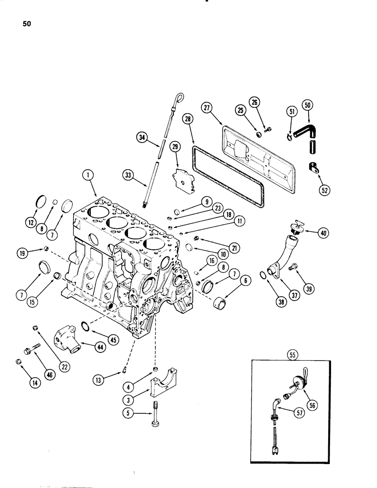 Схема запчастей Case 580E - (050) - CYLINDER BLOCK, 4-390 DIESEL ENGINE, BLOCK HEATER (02) - ENGINE