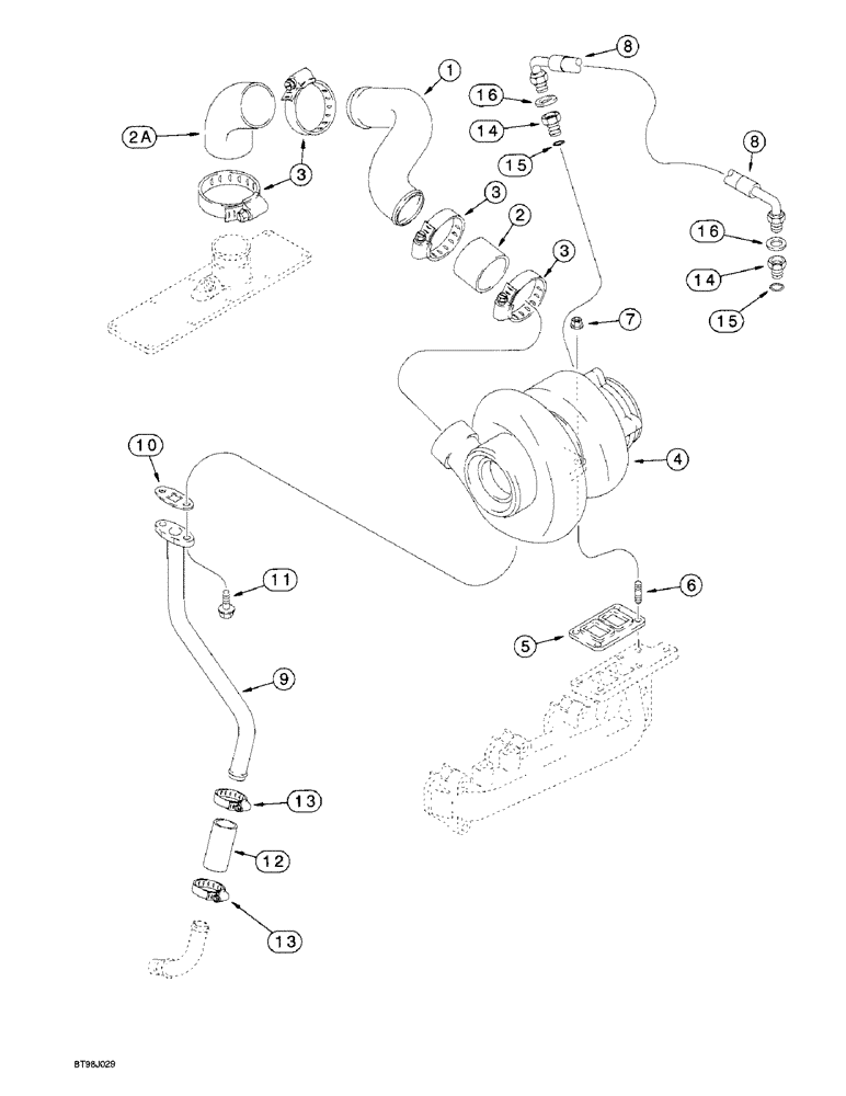 Схема запчастей Case 580L - (2-28) - TURBOCHARGER SYSTEM, 4T-390 EMISSIONS CERTIFIED ENGINE (02) - ENGINE