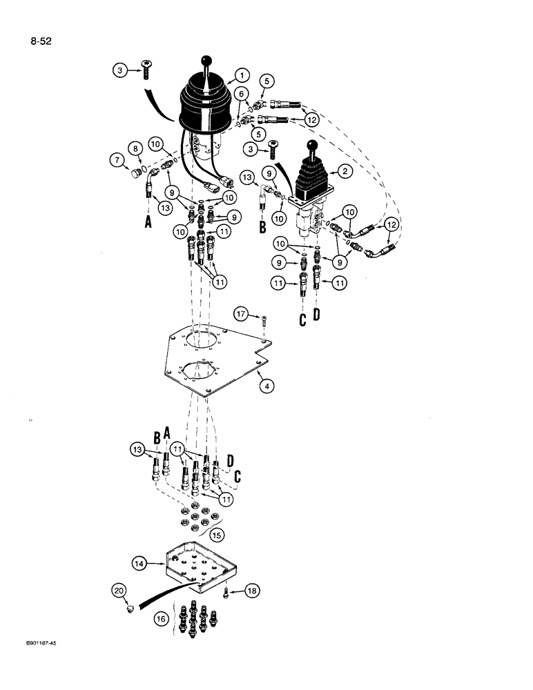 Схема запчастей Case 621 - (8-52) - REMOTE LOADER CONTROL CIRCUIT, TWO LEVERS WITH THREE SPOOL VALVE (08) - HYDRAULICS