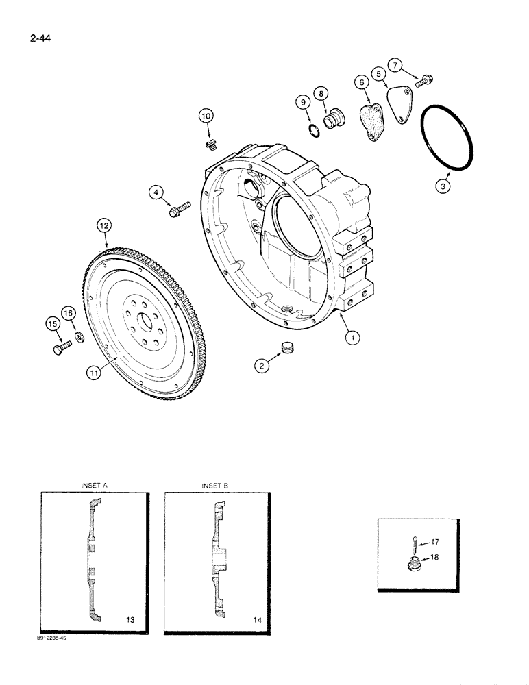 Схема запчастей Case 621 - (2-44) - FLYWHEEL AND HOUSING, 6T-590 ENGINE (02) - ENGINE