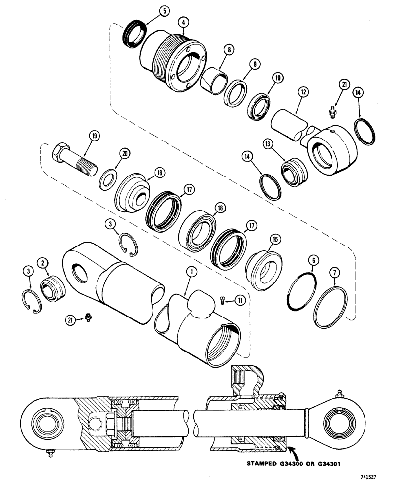 Схема запчастей Case W20 - (218) - G34300 AND G34301 STEERING CYLINDERS GLAND W/ CENTER BEARING USED ON TRAC. S/N 9112952 & AFTER (05) - STEERING