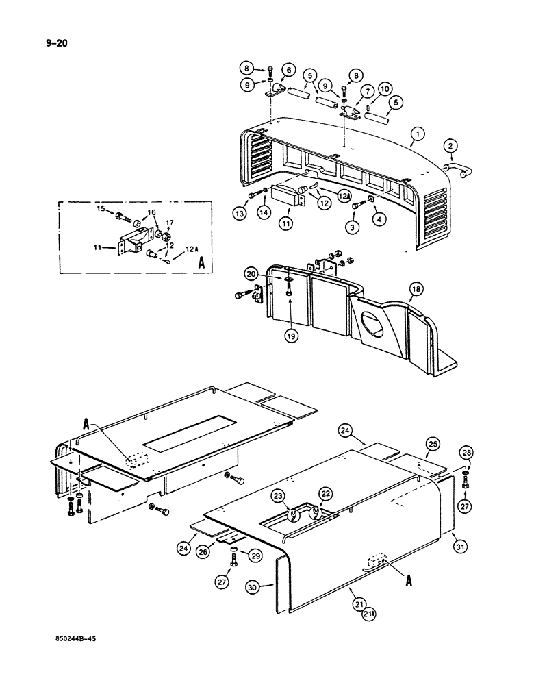 Схема запчастей Case 125B - (9-020) - SHROUD AND ENGINE ACCESS COVERS, P.I.N. 74251 THROUGH 74963, 21801 THROUGH 21868, 26801 AND AFTER (09) - CHASSIS