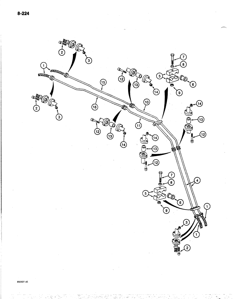 Схема запчастей Case 170B - (8-224) - HYDRAULIC CIRCUIT FOR OPTIONS, TUBES AT BOOM, P.I.N. 74341 THRU 74456 (08) - HYDRAULICS