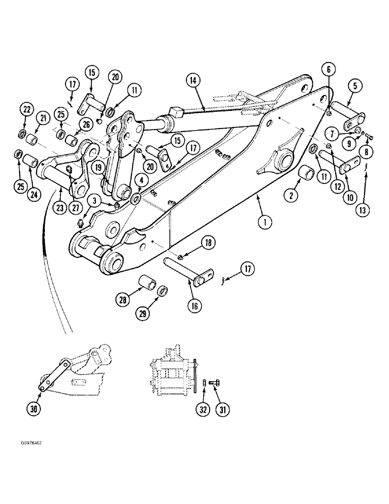 Схема запчастей Case 170C - (9-054) - ARM, LINKS AND MOUNTING PINS, WITH 2.5 METER (8 3 ") ARM, P.I.N. 74629 - 74662, P.I.N. 02301 & AFT (09) - CHASSIS