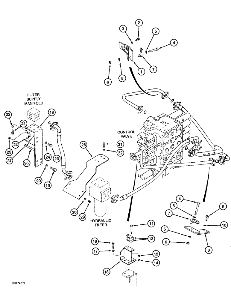 Схема запчастей Case 9060B - (8-102) - AUXILIARY EQUIPMENT - SINGLE ACTION, COMPONENT MOUNTING AND TUBE SUPPORTS (08) - HYDRAULICS