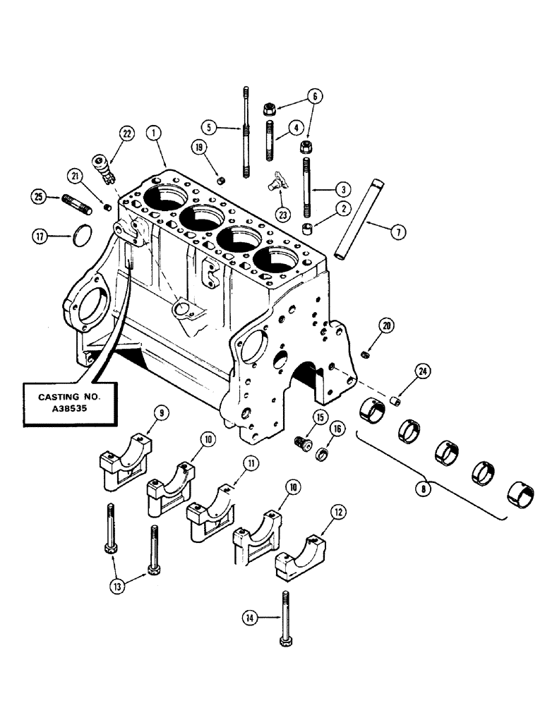 Схема запчастей Case 580 - (008) - CYLINDER BLOCK ASSY., (188) DIESEL ENG, 1ST USED ENG. SER. NO. 2679761 USED W/CAST PAN W/TACH. DRIVE (10) - ENGINE