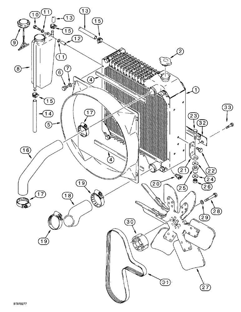 Схема запчастей Case 580L - (2-002) - RADIATOR, FAN AND MOUNTING PARTS, USED WITH 139783A1, 231280A1 OR 233817A1 OIL COOLER, FIGURE 6-021 (02) - ENGINE