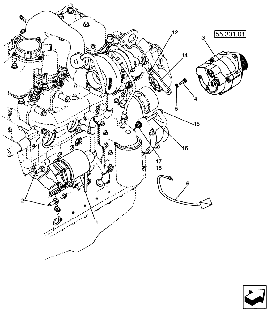 Схема запчастей Case 580SM - (55.201.09) - STARTER MOUNTING - ALTERNATOR MOUNTING (55) - ELECTRICAL SYSTEMS