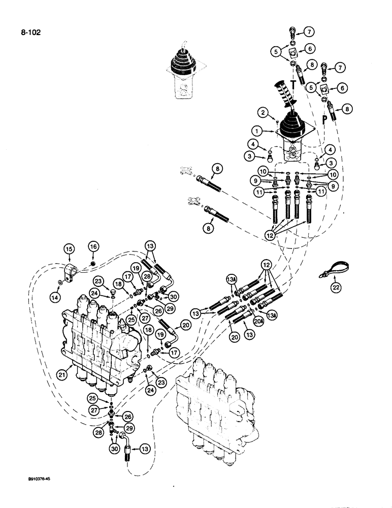 Схема запчастей Case 1085C - (8-102) - HYDRAULIC HAND CONTROL CIRCUIT, RIGHT-HAND HAND CONTROL VALVE TO BOOM AND TOOL CONTROL VALVE (08) - HYDRAULICS