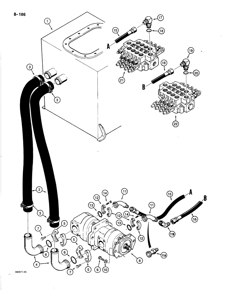 Схема запчастей Case 1080B - (8-186) - MAIN HYDRAULIC PUMP LINES (08) - HYDRAULICS