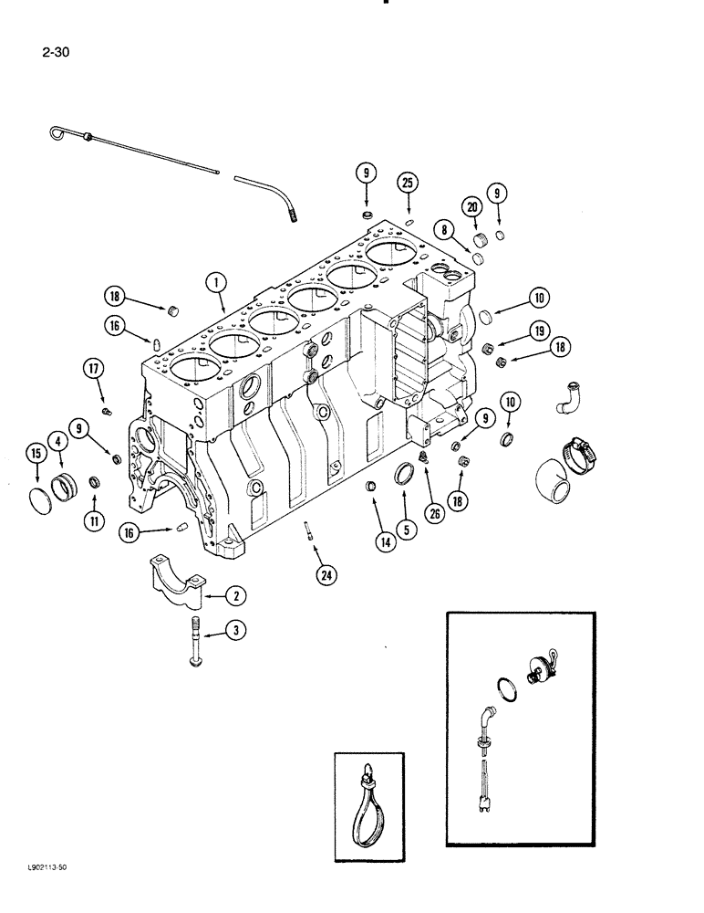 Схема запчастей Case 1550 - (2-30) - CYLINDER BLOCK, 6T-830 ENGINE, TWELVE PISTON COOLING NOZZLES ENG SN 44487830 & AFT (02) - ENGINE