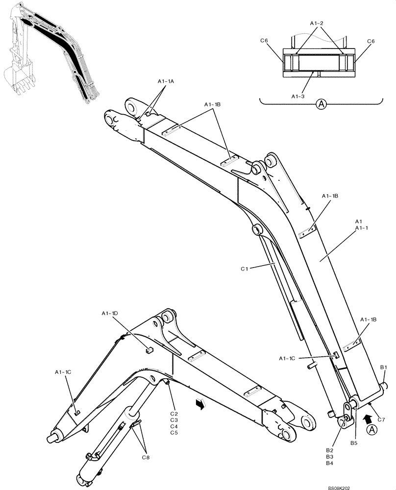 Схема запчастей Case CX50B - (03-001) - BOOM ASSY, STD 2.79M (9FT 2IN) (PY02B00099F1, PH02B00084F1, PY02B00137F1) Attachments