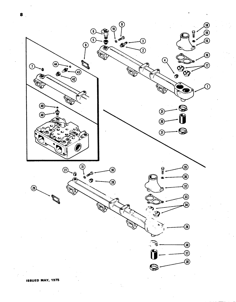 Схема запчастей Case W24B - (008) - WATER MANIFOLD AND THERMOSTAT, (504BD) DIESEL ENGINE ALUMINUM (02) - ENGINE