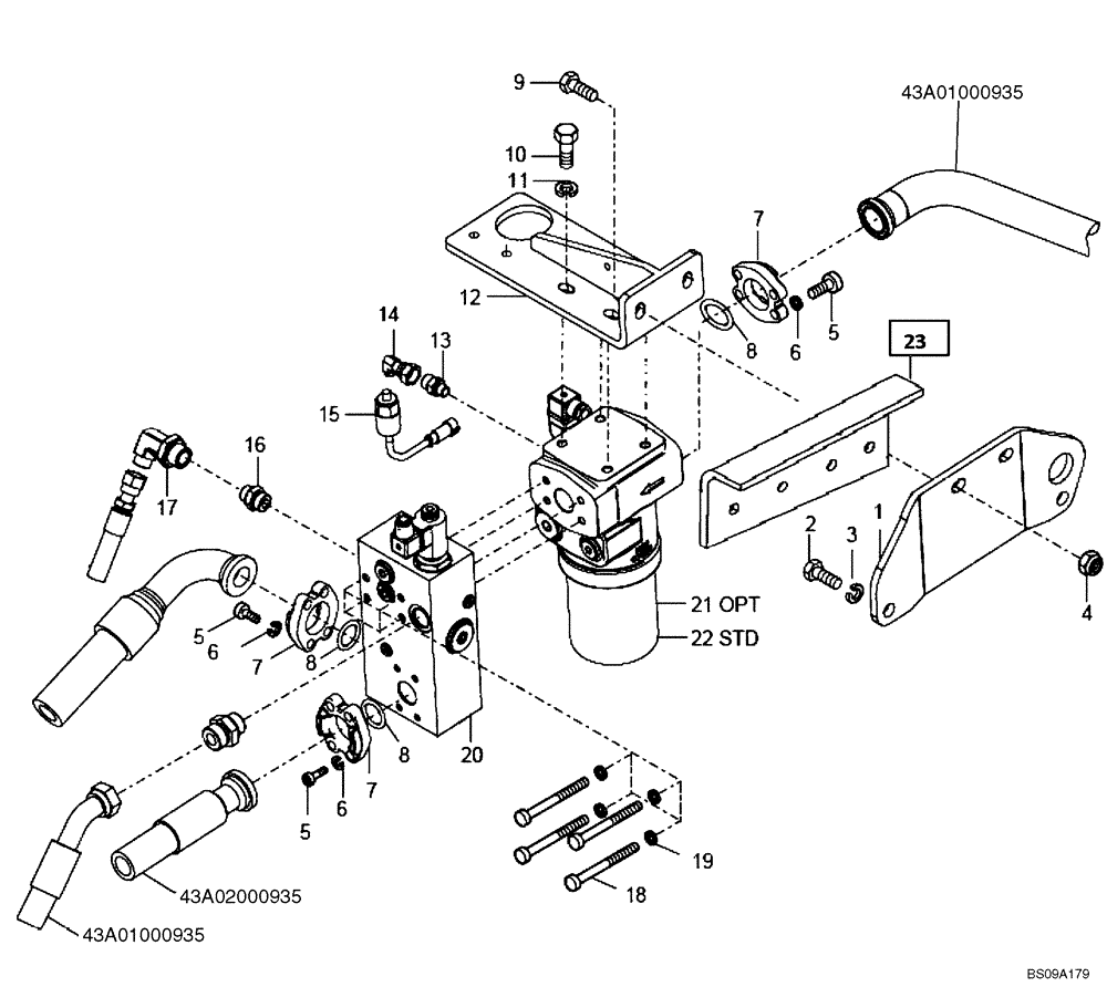 Схема запчастей Case 330B - (43A00000937[001]) - FILTER AND HOSE MTG W/WET BRAKE (P.I.N. HHD0330BN7PG57000 AND AFTER) (84158407) (09) - Implement / Hydraulics / Frame / Brakes