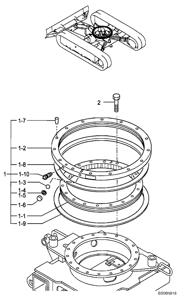 Схема запчастей Case CX17B - (02-003[00]) - SLEWING RING ASSEMBLY (PF40F00002F1) (48) - TRACKS & TRACK SUSPENSION