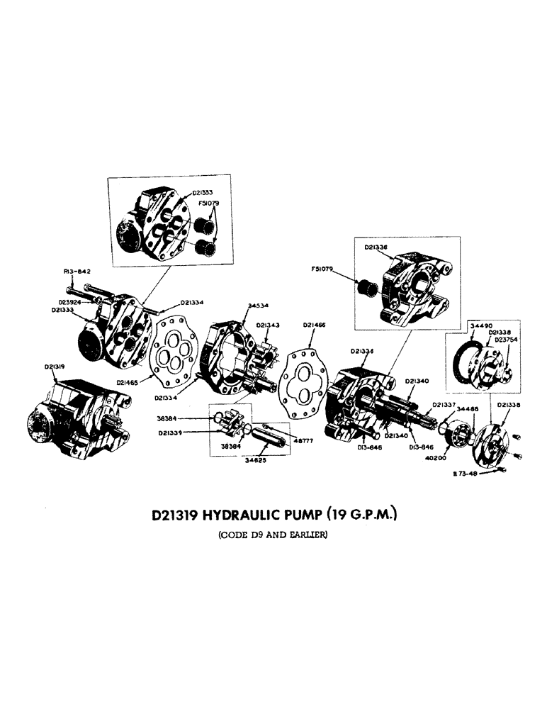 Схема запчастей Case 310B - (38) - D21319 HYDRAULIC PUMP (19 G.P.M.), (CODE D9 AND EARLIER) 