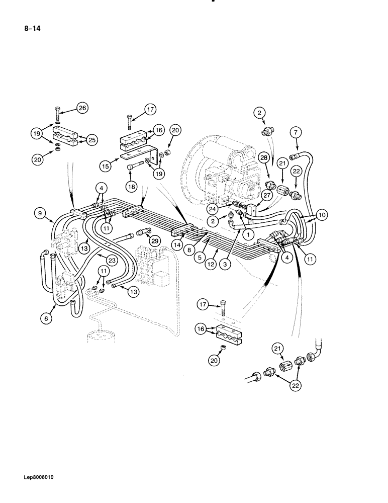 Схема запчастей Case 888 - (8-014) - HYDRAULIC PUMP LINES, PUMP TO SWING VALVE, SOLENOID VALVE AND SWIVEL, P.I.N. FROM XXXXX TO XXXXX (08) - HYDRAULICS