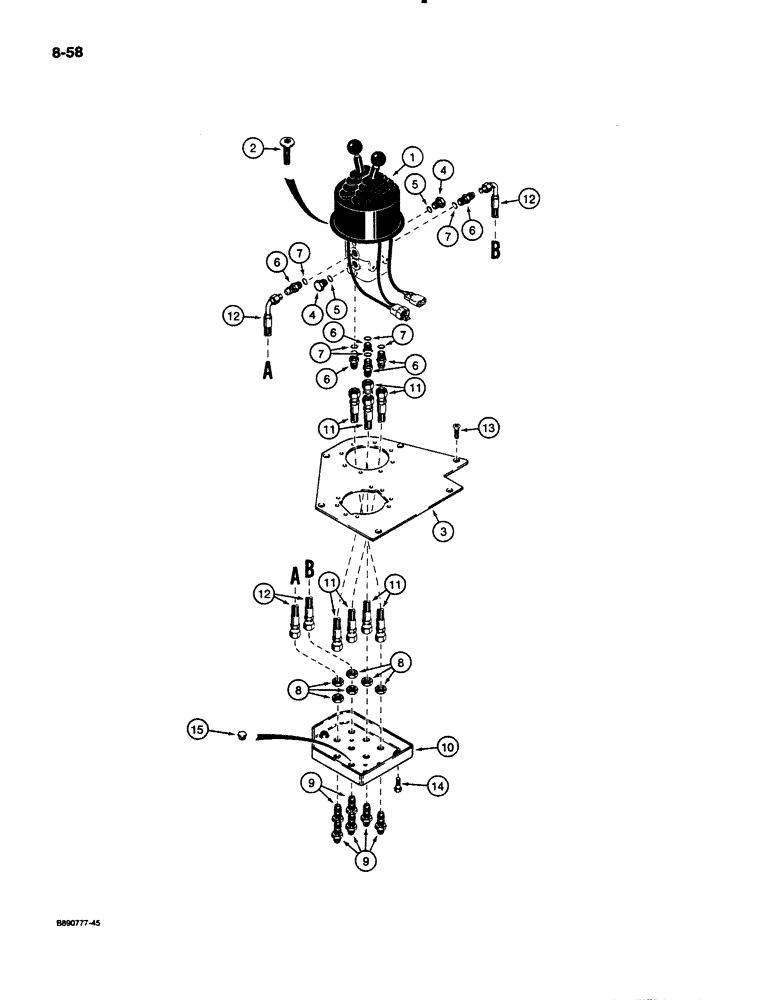 Схема запчастей Case 621 - (8-58) - REMOTE LOADER CONTROL CIRCUIT, DUAL LEVER WITH TWO SPOOL VALVE (08) - HYDRAULICS