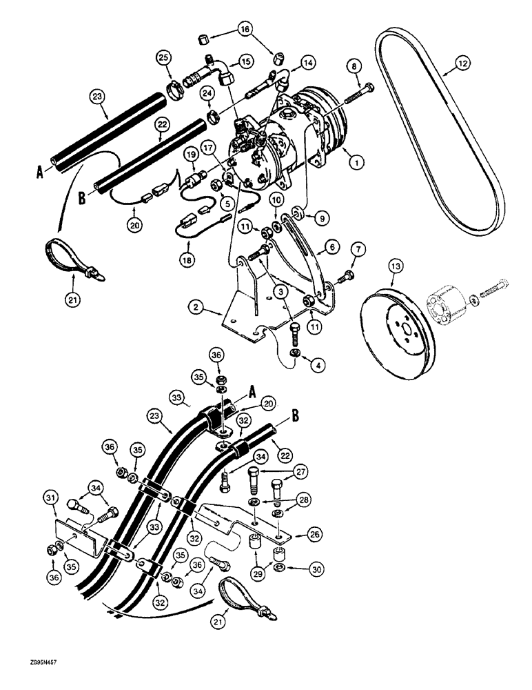 Схема запчастей Case 1155E - (9-118) - AIR CONDITIONING SYSTEM, COMPRESSOR AND CONNECTIONS - DOZER MODELS W 6-830 ENG PRIOR PIN JAK0009016 (09) - CHASSIS/ATTACHMENTS