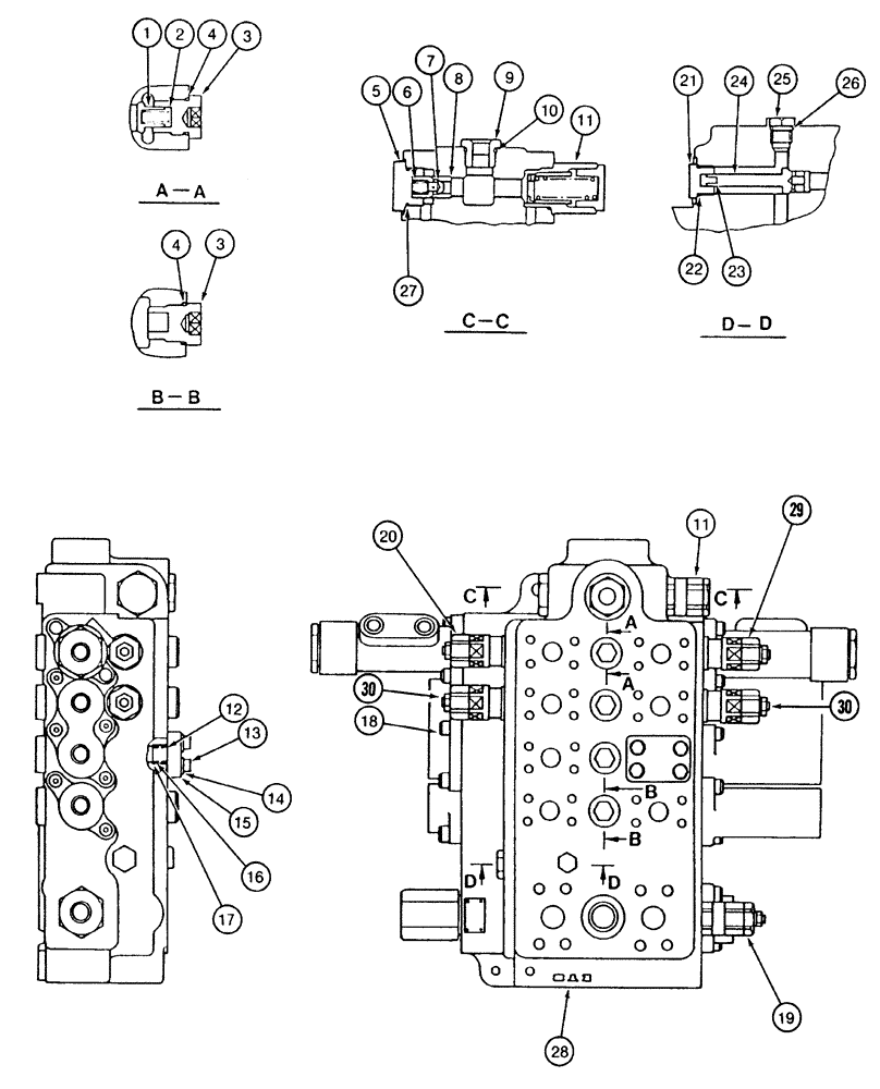 Схема запчастей Case 9040 - (8-77C) - 158640A1 LEFT-HAND CONTROL VALVE ASSEMBLY, PLUGS, CHECK & RELIEF VALVES, LONG REACH MODELS (08) - HYDRAULICS