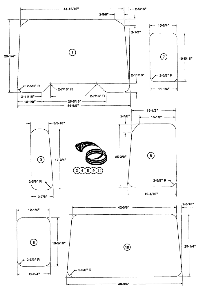 Схема запчастей Case 850E - (9-072) - CAB GLASS, U.S. DIMENSIONS (09) - CHASSIS/ATTACHMENTS