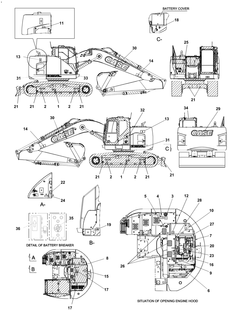 Схема запчастей Case CX235C SR - (90.108.01) - DECALS - WARNING (90) - PLATFORM, CAB, BODYWORK AND DECALS