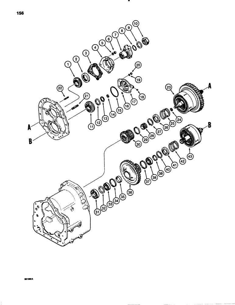 Схема запчастей Case 780B - (156) - TRANSMISSION OUTPUT SHAFT, LOW, AND THIRD GEARS (06) - POWER TRAIN