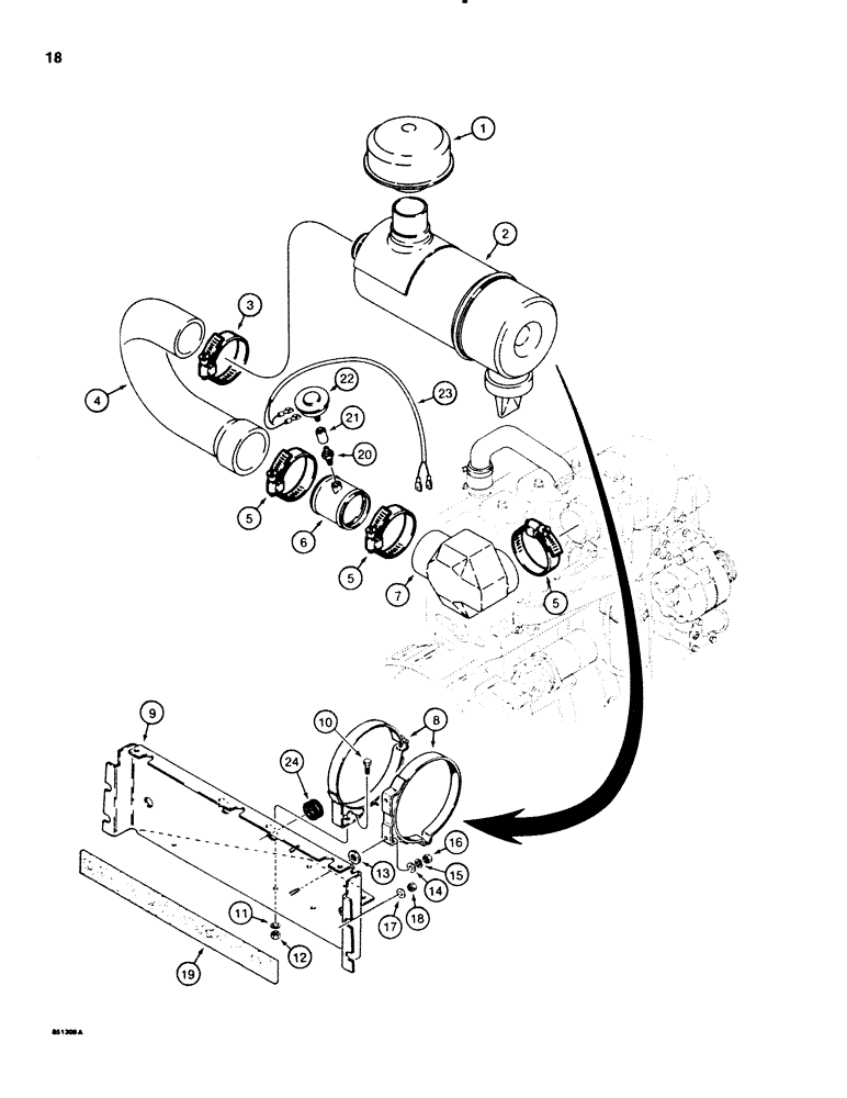 Схема запчастей Case 580E - (018) - AIR CLEANER AND AIR INTAKE PARTS, MODELS WITH TURBOCHARGED ENGINE (02) - ENGINE