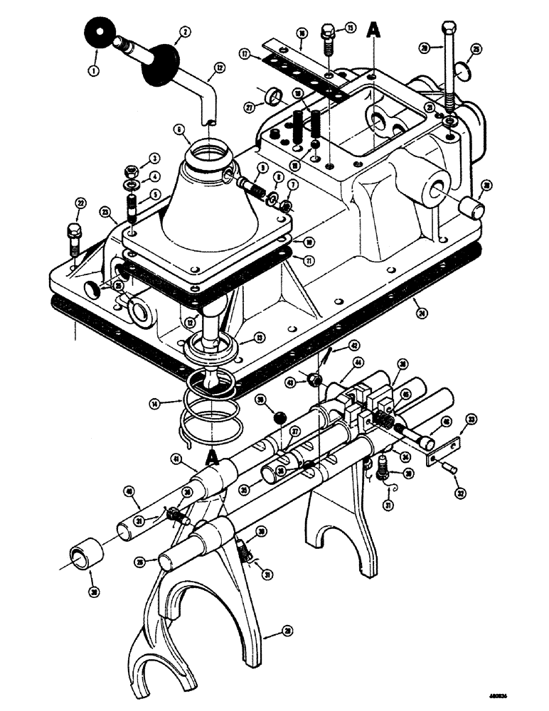 Схема запчастей Case 300 - (026) - TRANSMISSION ASSEMBLY, BEFORE TRACTOR SERIAL NO. 5255, SHIFT LEVER, LINKAGE AND SHIFTING YOKES (03) - TRANSMISSION