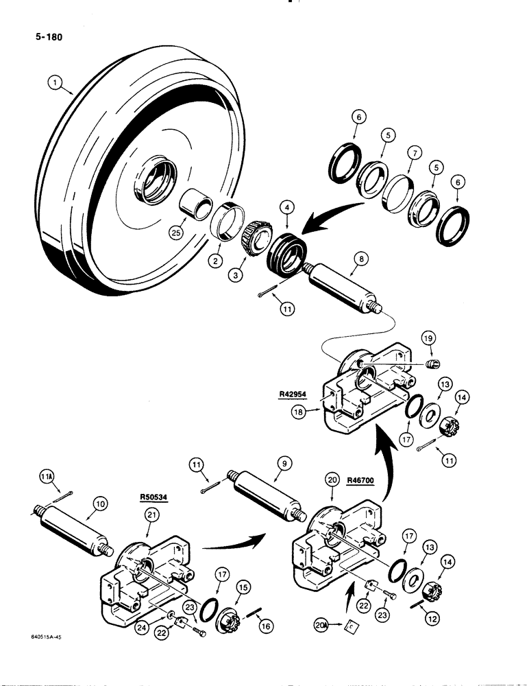 Схема запчастей Case 1455B - (5-180) - IDLER ASSEMBLY, SHAFT RETAINED BY NUT, IF USED (11) - TRACKS/STEERING