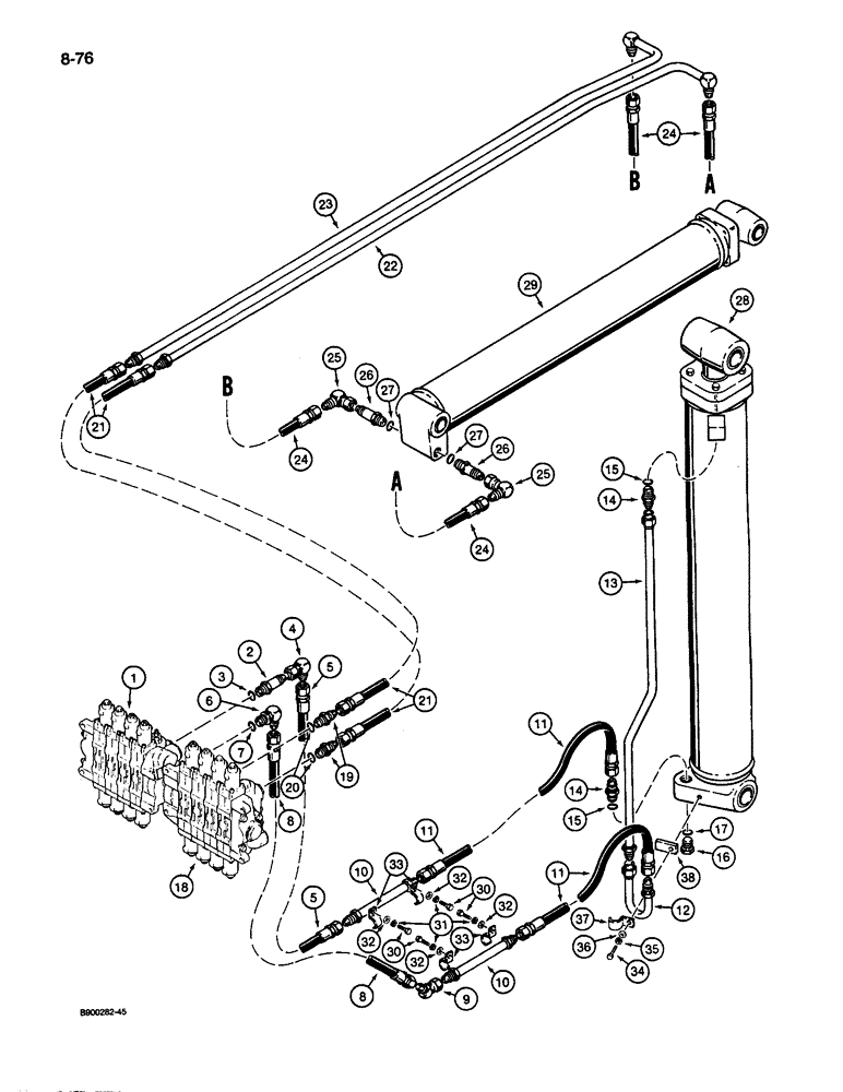 Схема запчастей Case 1085C - (8-076) - BOOM AND ARM HYDRAULIC CIRCUIT, MODELS WITH MATERIAL HANDLING BOOM AND ARM (08) - HYDRAULICS