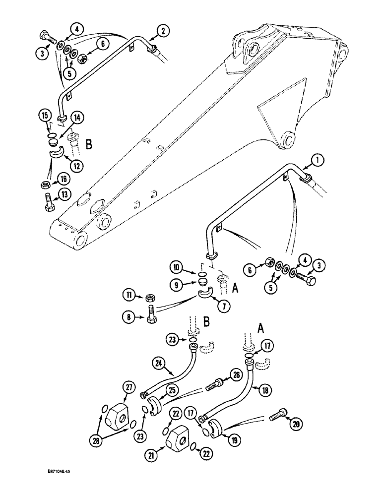 Схема запчастей Case 1088 - (8E-12) - HYDRAULIC HAMMER CIRCUIT, TUBES AT ARM - 2.80 M ARM (08) - HYDRAULICS