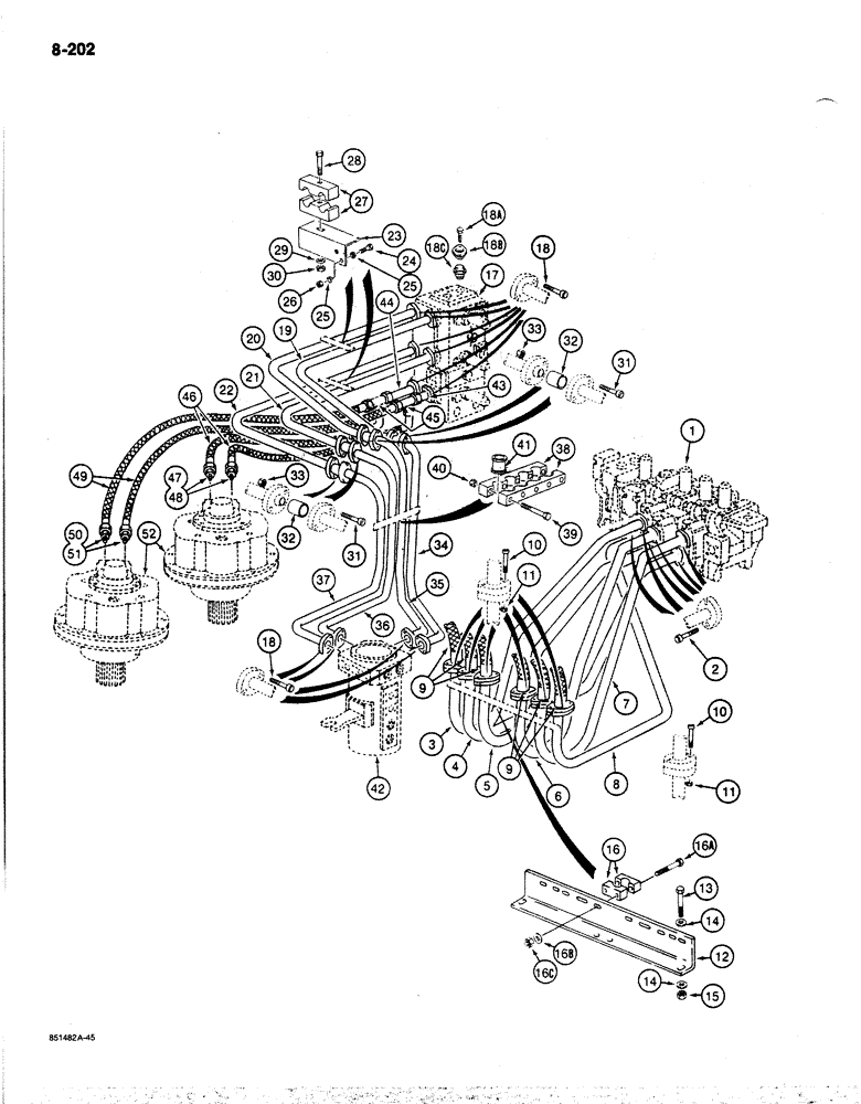 Схема запчастей Case 170B - (8-202) - HYDRAULIC CIRCUIT FROM MAIN CONTROL VALVES, TO SWIVEL, SWING MOTORS & CYLINDRS, P.I.N. 74442 - 74456 (08) - HYDRAULICS