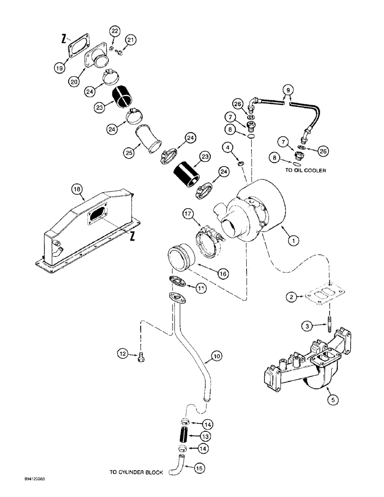 Схема запчастей Case 9010B - (2-040) - TURBOCHARGER SYSTEM, 4TA-390 ENGINE, *PRIOR TO P.I.N. DAC01#2001 (02) - ENGINE