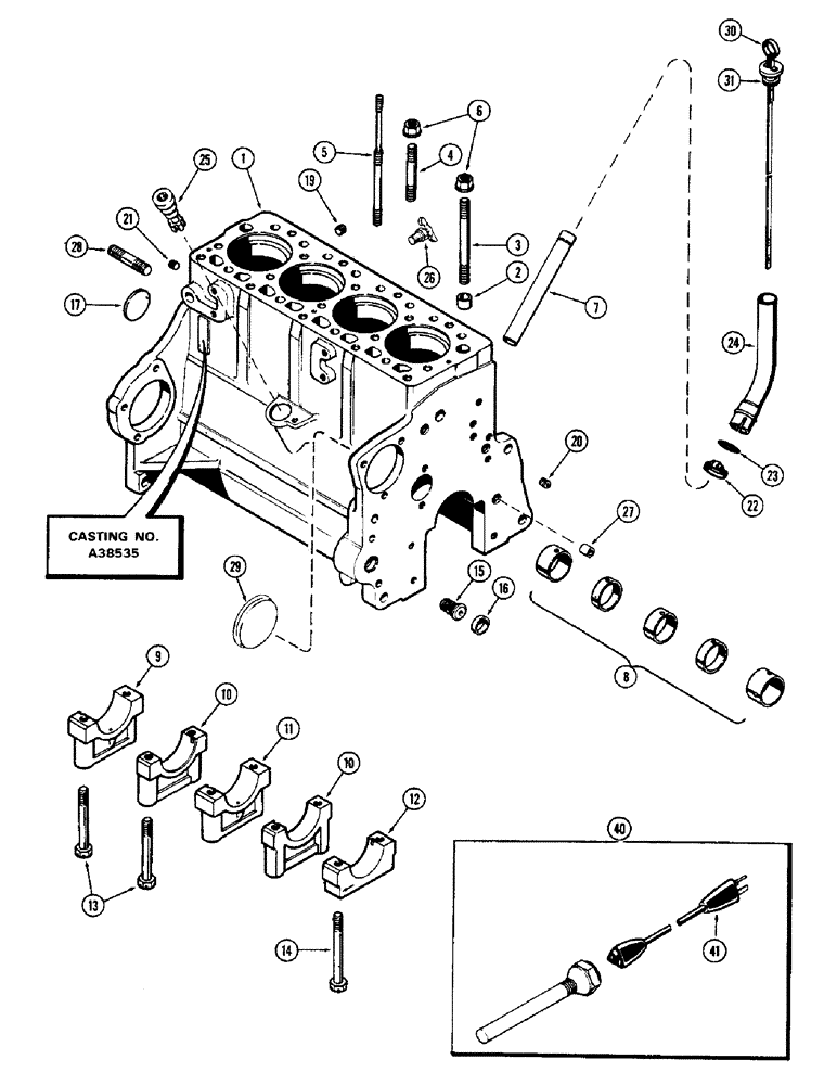 Схема запчастей Case 580B - (023A) - CYLINDER BLOCK, (188) DSL ENG, USED PRIOR TO ENG SN 2711005 W/CYLINDER HEAD STUDS (02) - ENGINE