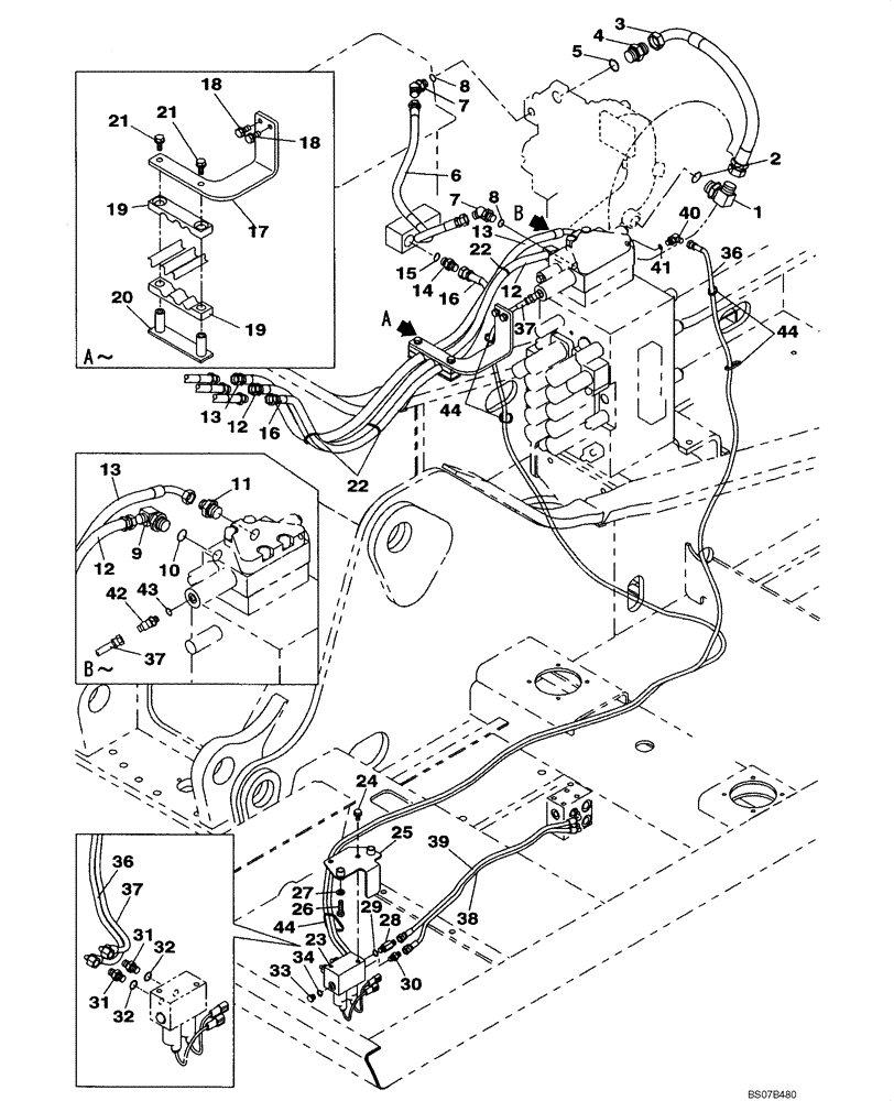 Схема запчастей Case CX210BNLC - (08-39) - HYDRAULICS, AUXILIARY - SECOND ACTING CIRCUIT, HAND OPERATED (08) - HYDRAULICS