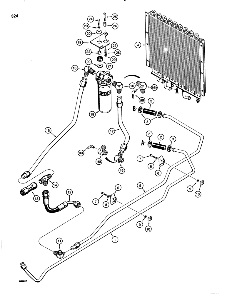 Схема запчастей Case 580SE - (324) - EQUIPMENT HYDRAULIC SYSTEM, OIL COOLER LINES W/ANGLED CONNECTIONS, RETURN LINES & FILTER (08) - HYDRAULICS